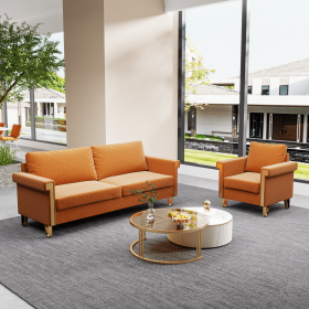 Orange Velvet Sofa and Chair Set – Mid-Century Modern Couch with Matching Armchair, Gold Metal Accents