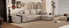 104.5" Modern L-Shape 3 Seat Reversible Sectional Couch, Pull Out Sleeper Sofa with Storage Chaise and 2 Stools for Living Room Furniture Set, Cream