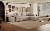 104.5" Modern L-Shape 3 Seat Reversible Sectional Couch, Pull Out Sleeper Sofa with Storage Chaise and 2 Stools for Living Room Furniture Set, Cream