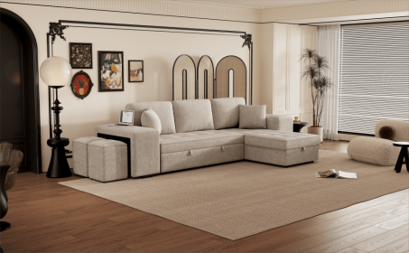 104.5" Modern L-Shape 3 Seat Reversible Sectional Couch, Pull Out Sleeper Sofa with Storage Chaise and 2 Stools for Living Room Furniture Set, Cream