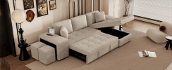 104.5" Modern L-Shape 3 Seat Reversible Sectional Couch, Pull Out Sleeper Sofa with Storage Chaise and 2 Stools for Living Room Furniture Set, Cream