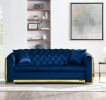 Velvet Luxury Chesterfield Sofa Set, 84 Inches Tufted 3 Seat Couch with Gold Stainless for Living Room, Navy Blue Fabric