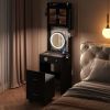Small Vanity Desk with Mirror and LED Lights, Makeup Table with Charging Station and drawers and Storage Shelves for Small Space