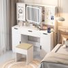 Large Vanity Table Set with LED Lighted Mirror and 2 DIY Pegboards, 5 Hooks, Vanity Desk with Charging Station, Makeup Table with Drawers