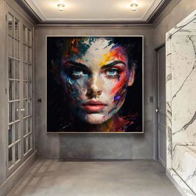 Colorful Woman Hand Painted Oil Painting Woman Face Wall Art Painting Female Face Poster Abstract Download Home Decor Girl Portrait AI Art Midjourney (Style: 01, size: 160x160cm)