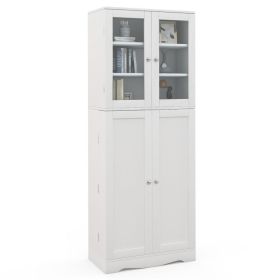 Tall Kitchen Pantry Cabinet with Dual Tempered Glass Doors and Shelves (Color: White)