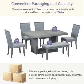 Contemporary 6-Piece 78inch Extendable Pedestal Dining Table Set with 18inch Removable Leaf and Dining Bench, 4 Upholstered Dining Chairs (Color: Gray, Material: Rubber Wood)