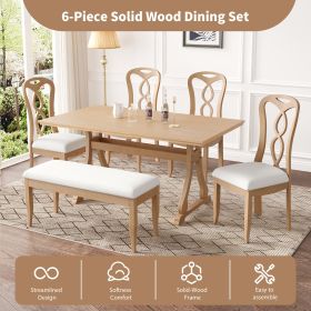 Retro 6-Piece Trestle Dining Table Set with Upholstered Dining Chairs and Dining Bench, Smooth Dining Backs for Dining Room, Living Room, Kitchen (Color: Natural+Beige, Material: Rubber Wood)