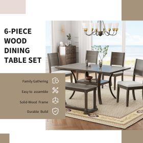 6-Piece Wood Dining Table Set with Storage Shelf and Curved Legs, Kitchen Table Set with Bench and 4 Removable Cushions Dining Chairs (Color: Grey+Brown, Material: Rubber Wood)
